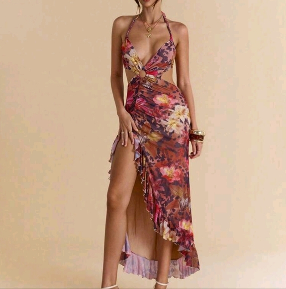 Women's Sleeveless Solid, Leopard & Floral Print Spaghetti Strap Backless Tie Up - Picture 4 of 4